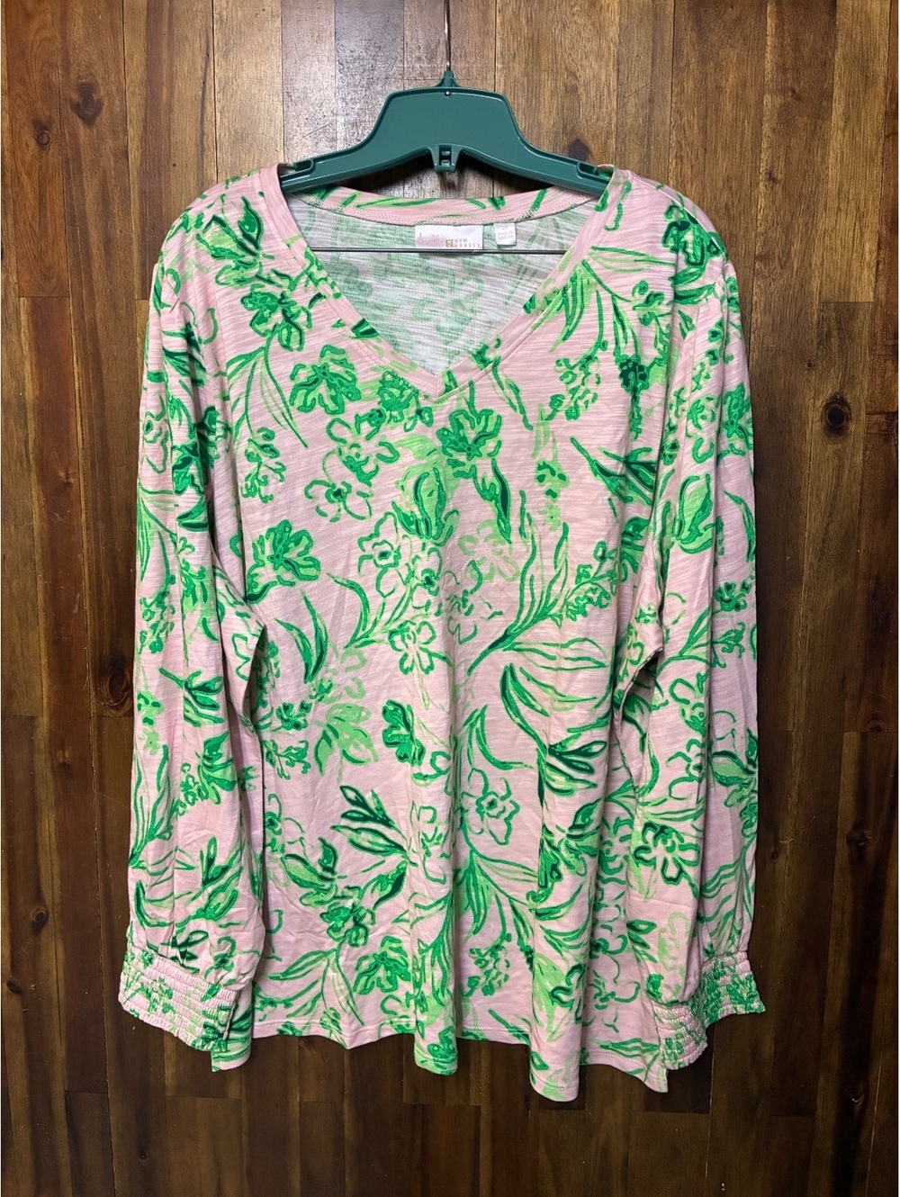 Belle by Kim Gravel Pink Green Floral Top 2X Cottagecore Coastal Boho Shirt